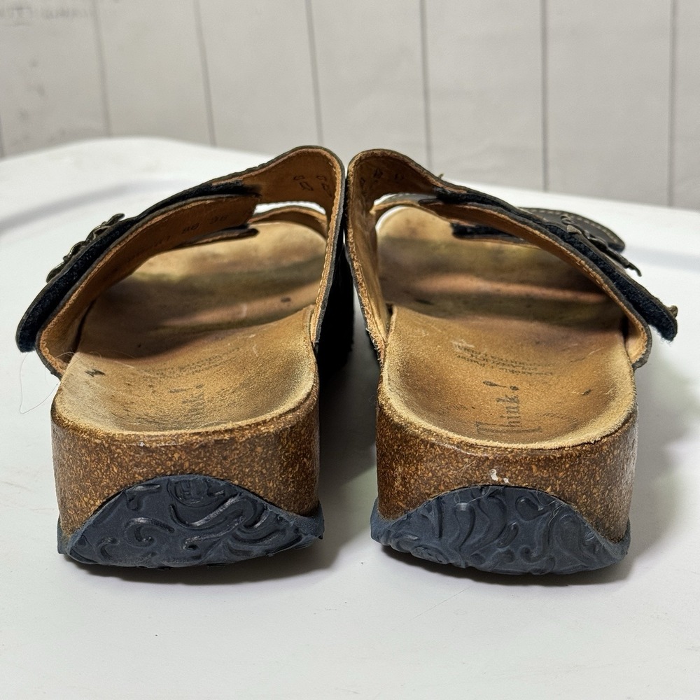 Think!‎ Dark Gray Leather Floral Strappy Sandals Summer Boho Chic Slip Ons 38/7 - Picture 5 of 8